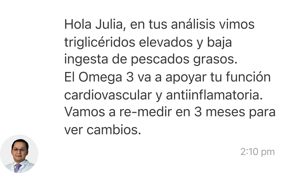 Mensaje del médico: triglicéridos elevados, el Omega 3 apoyará tu función cardiovascular; re-medimos en 3 meses.