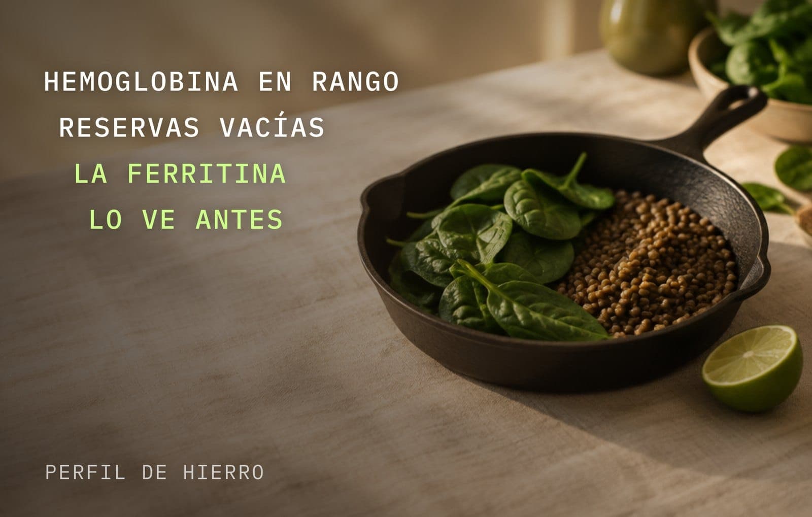 Perfil de hierro: hemoglobina en rango con reservas vacías que la ferritina detecta antes, sobre un sartén de hierro con espinacas y lentejas