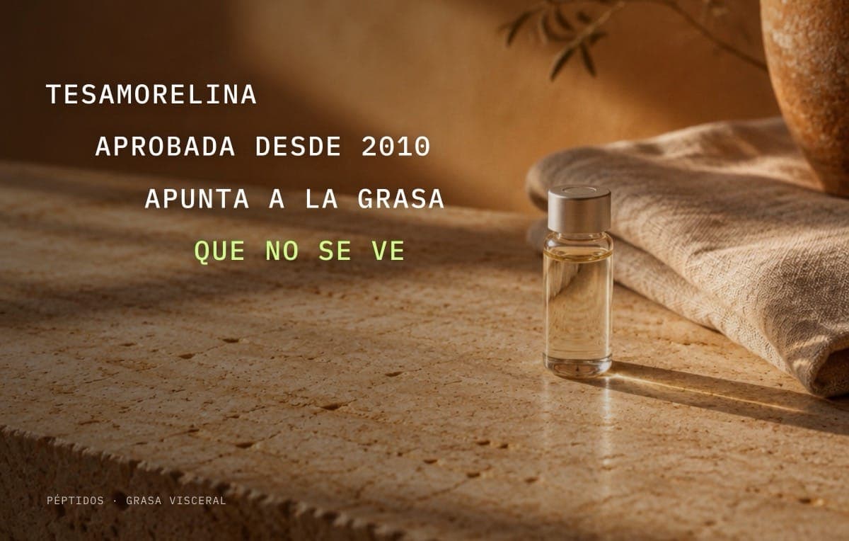 Tesamorelina: frasco de vidrio sobre piedra cálida con la frase «aprobada desde 2010, apunta a la grasa que no se ve»